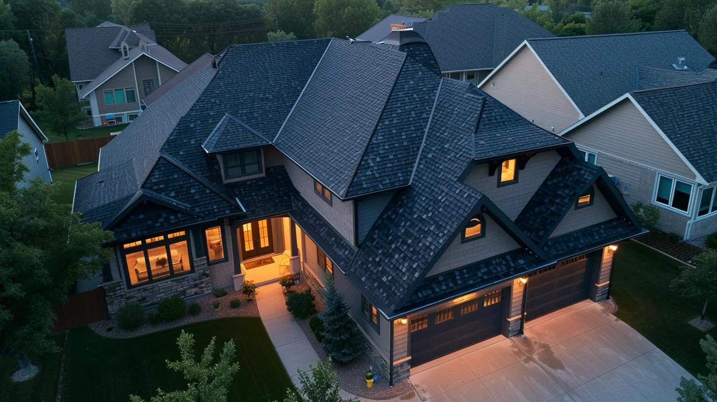 a gleaming, freshly soft-washed roof stands prominently atop a modern suburban home, showcasing its restored color and texture under bright artificial lighting, with a satisfied homeowner admiring the enhanced curb appeal. a gleaming, freshly soft-washed roof stands prominently atop a modern suburban home, showcasing its restored color and texture under bright artificial lighting, with a satisfied homeowner admiring the enhanced curb appeal.