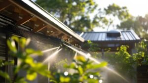 a gleaming, modern home with a pristine roof being gently washed by a sleek, high-pressure cleaning system, showcasing the advantages of professional soft roof washing in a bright, urban setting.