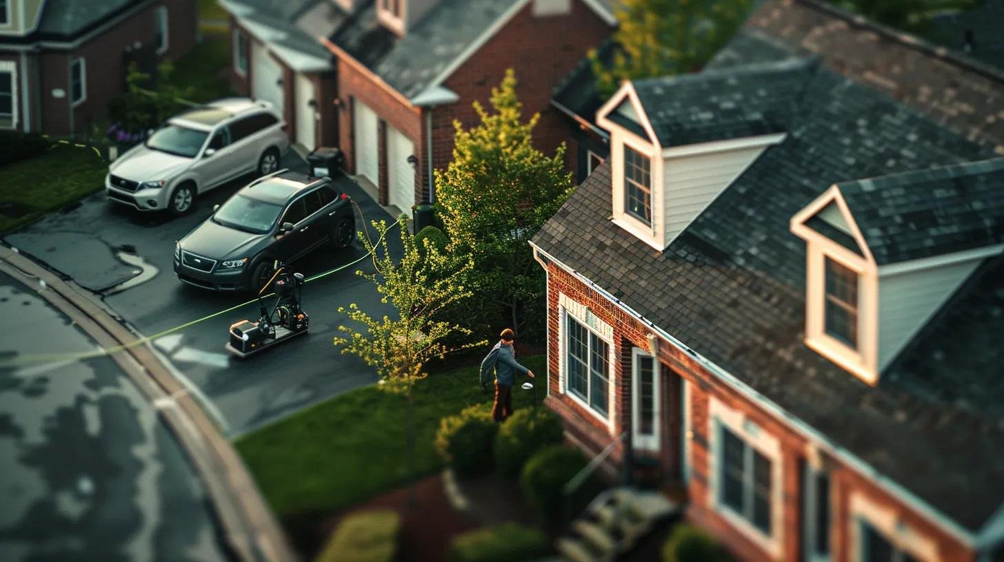 a professional roof cleaner, equipped with specialized soft washing equipment, assesses the condition of a large residential roof, highlighting various sections with visible stains and contamination in a clean, modern urban neighborhood setting. a professional roof cleaner, equipped with specialized soft washing equipment, assesses the condition of a large residential roof, highlighting various sections with visible stains and contamination in a clean, modern urban neighborhood setting.