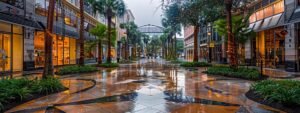 Create me an image of a downtown orlando shopping location that shows clean grounds and fresh wet results from pressure washing