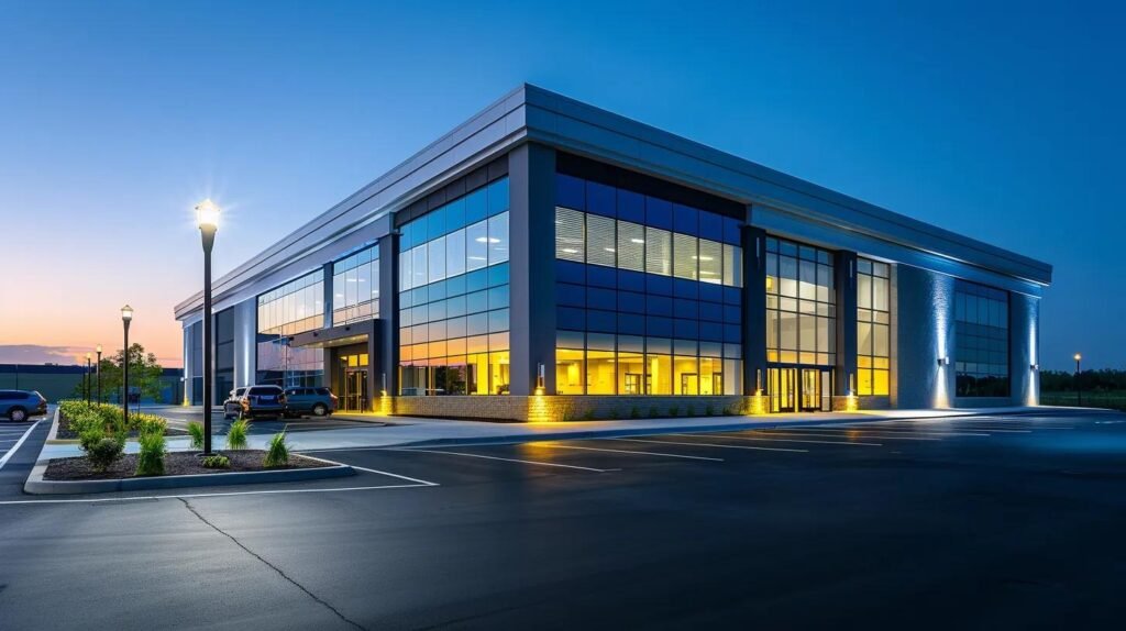 a gleaming commercial building with a freshly pressure-washed exterior stands proudly under bright office lighting, showcasing a pristine storefront and spotless parking lot that convey professionalism and cleanliness in an urban business environment.