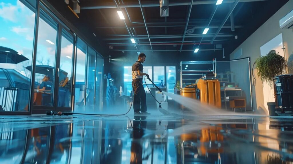 a modern office setting features a professional pressure washing technician demonstrating their state-of-the-art equipment, surrounded by vibrant before-and-after images on display, emphasizing expertise and customer satisfaction.
