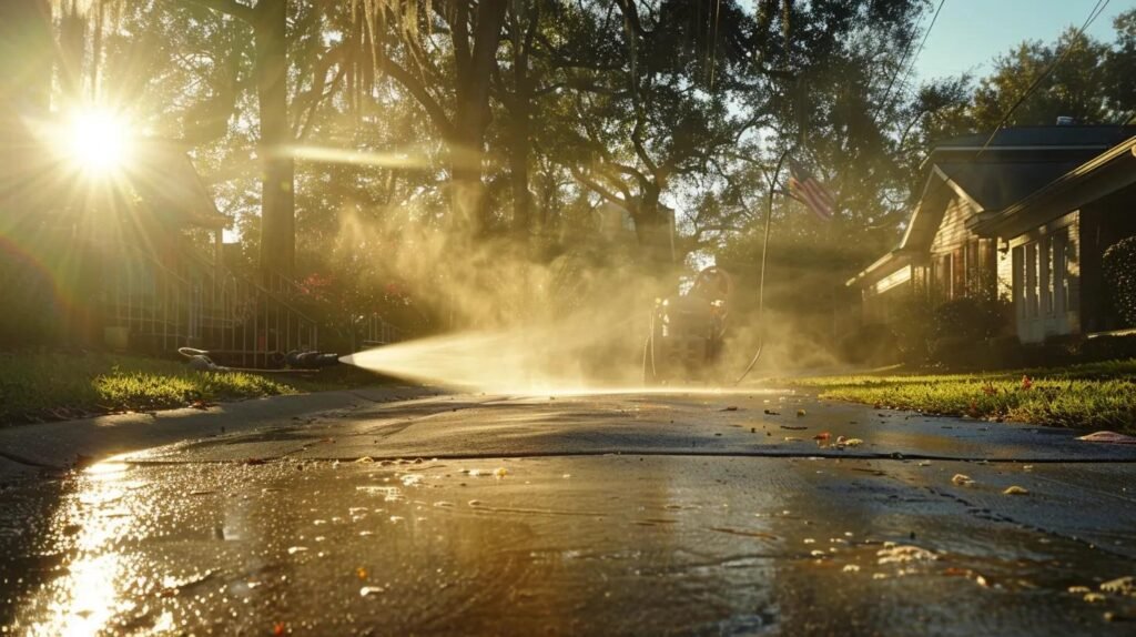a powerful pressure washing machine in action, spraying high-pressure water onto a sun-soaked driveway in an orlando neighborhood, showcasing the effective removal of dirt and contaminants from the surface.