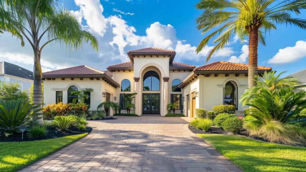 a sleek orlando property gleams under bright afternoon sunlight, showcasing the transformative effects of professional pressure washing with sparkling clean surfaces and rejuvenated exterior features.
