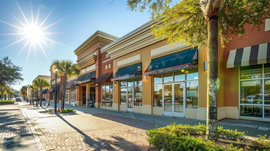 a gleaming orlando storefront shines under the bright afternoon sun after an expert pressure washing, showcasing its vibrant colors and immaculate exterior, symbolizing the value of maintaining property integrity and aesthetic appeal.