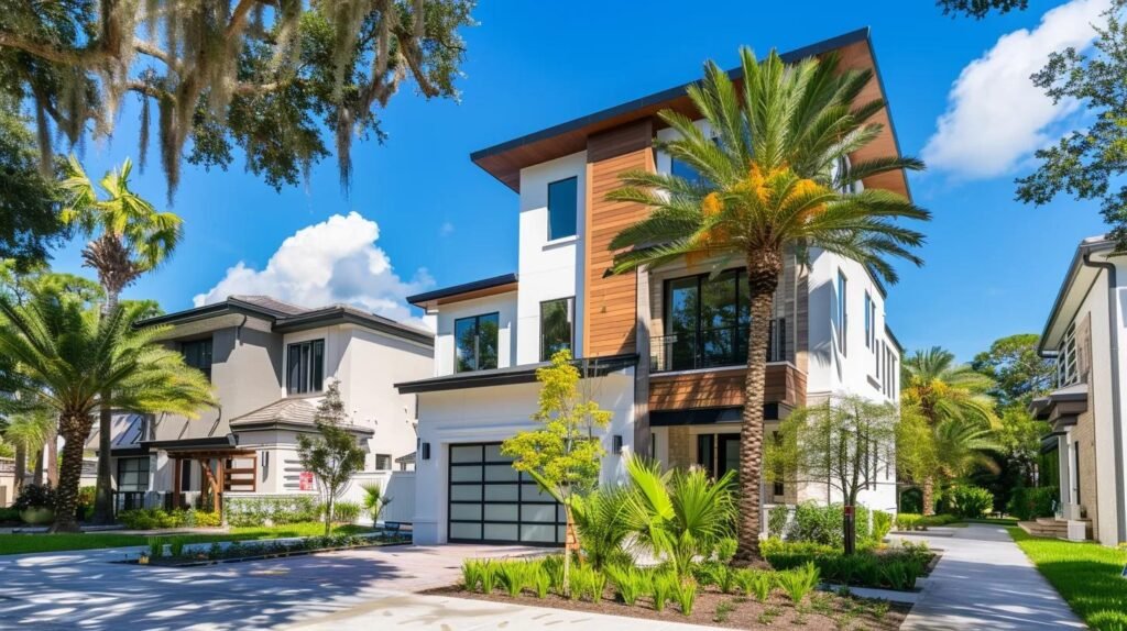 a bright, modern orlando residential home showcases the results of eco-friendly pressure washing, with sparkling clean wood and stucco surfaces reflecting a vibrant urban backdrop, emphasizing a commitment to sustainable living and environmental stewardship.