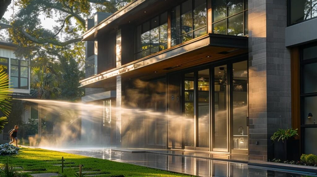 a clean, modern home exterior in an urban orlando neighborhood, highlighting a professional pressure washing service in action, showcasing the dynamic spray of water against vibrant siding and sparkling surfaces, with a worker confidently managing the equipment.