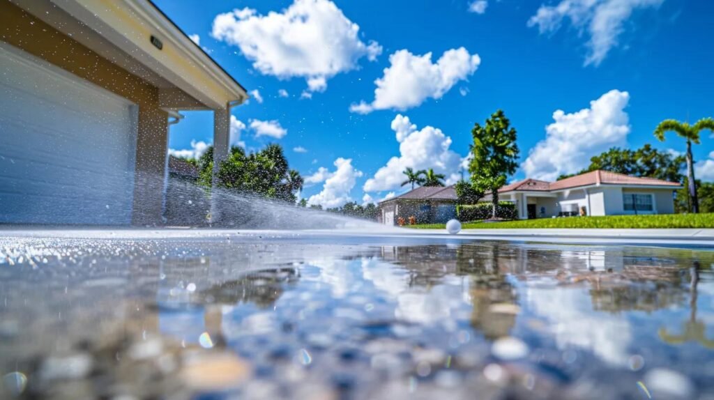 a clean, modern orlando driveway being pressure washed with a powerful machine, showcasing sparkling concrete and vibrant blue skies above a suburban home.
