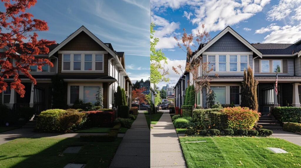 a crisp, side-by-side comparison of a vibrant, freshly cleaned home exterior juxtaposed with a dull, stained version, showcasing the dramatic transformation achieved through professional services in a well-lit urban neighborhood setting.