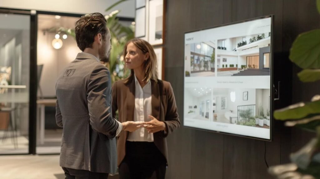 a focused urban office scene depicting a professional consultation between a homeowner and a pressure washing provider, showcasing a sleek presentation board with before-and-after images of pressure-washed homes on display, highlighting the expertise and quality service offered in orlando.