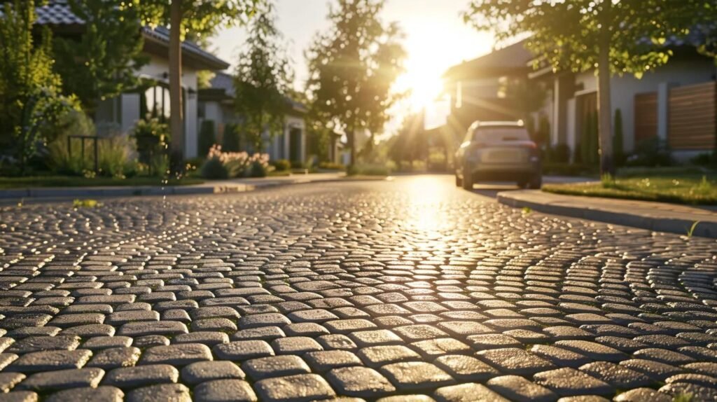 a gleaming driveway in an urban residential setting showcases the transformative results of professional pressure cleaning, surrounded by modern homes that highlight the importance of curb appeal and property maintenance.