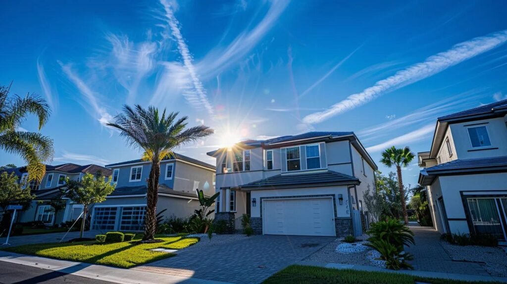 a gleaming orlando home, freshly pressure washed, stands out against a bright blue sky in an urban neighborhood, showcasing pristine surfaces with clearly defined lines that emphasize the importance of regular maintenance for homeowners.