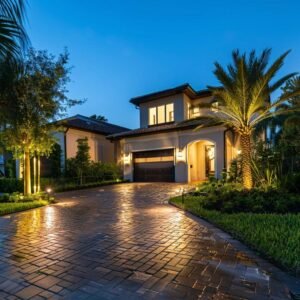 a gleaming residential property in orlando showcases the dramatic effects of professional pressure washing, with sparkling clean walls and pavement glistening under bright, artificial lighting in a modern neighborhood setting.