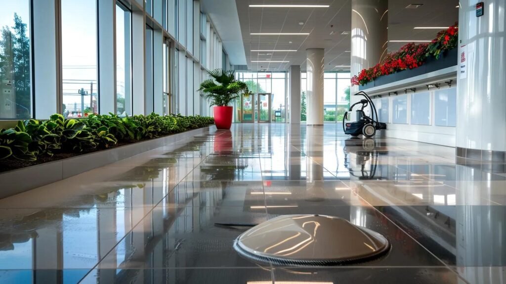 a modern orlando office space showcases eco-friendly pressure washing equipment against a sleek backdrop of tiled walls and polished floors, highlighting innovation and sustainability in urban maintenance solutions.