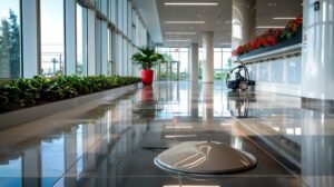 a modern orlando office space showcases eco-friendly pressure washing equipment against a sleek backdrop of tiled walls and polished floors, highlighting innovation and sustainability in urban maintenance solutions.