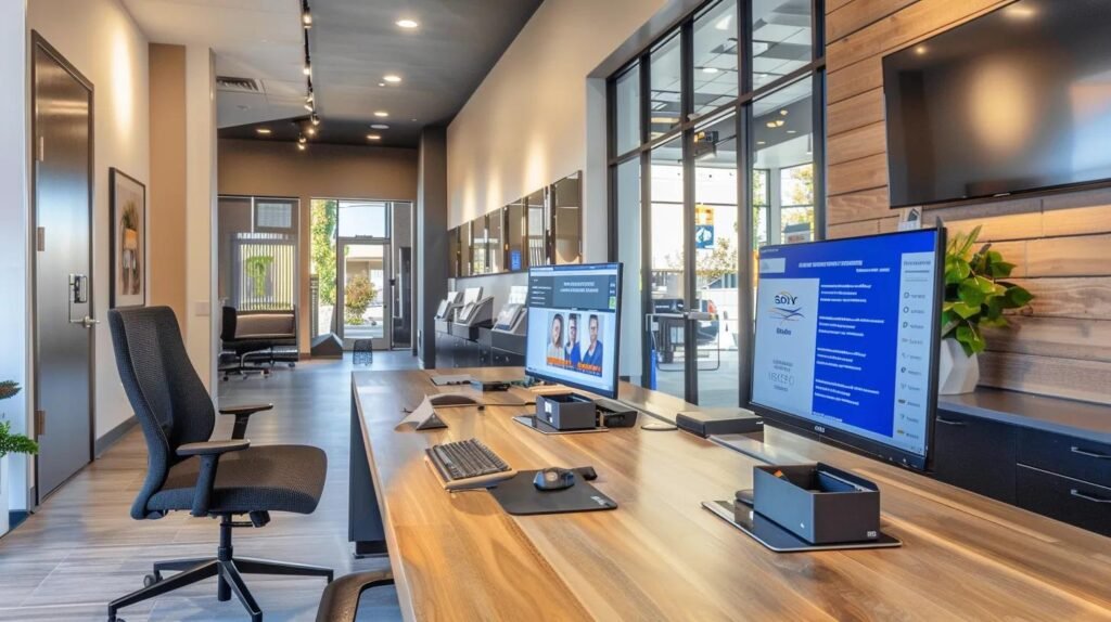 a modern, sleek office environment features a large computer screen displaying glowing customer testimonials alongside striking before-and-after photos of a pressure washing service, emphasizing the impact of positive feedback on potential clients.