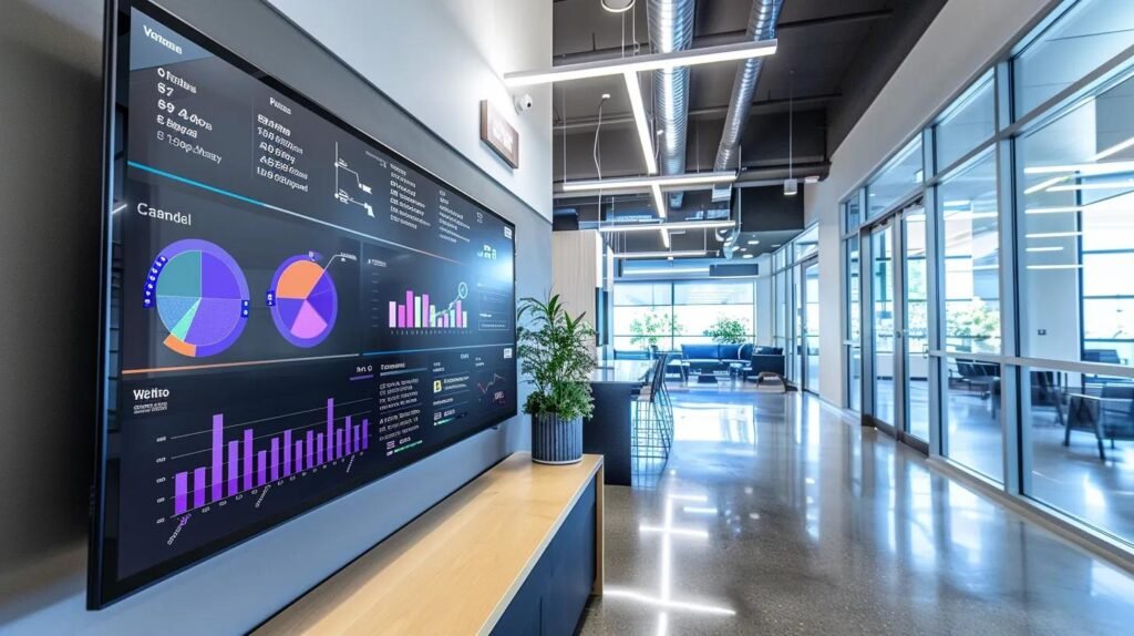 a modern, sleek office space features a large digital display showcasing a comparative infographic of house washing, roof cleaning, and driveway cleaning costs, with bold colors and clear graphs highlighting the differences in pricing and service details.