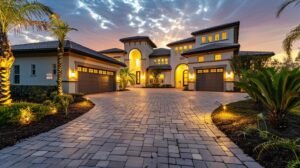a pristine driveway in orlando gleams under bright artificial lighting, showcasing the dramatic contrast between the freshly pressure-cleaned surface and a backdrop of a sleek modern home, emphasizing the importance of cleanliness and curb appeal.