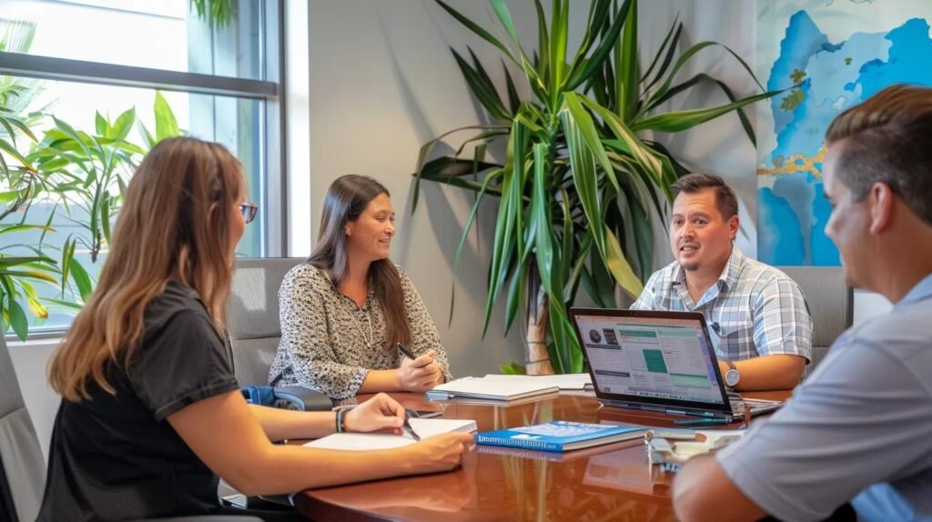 a professional-looking team at orlando green clean engages in a focused consultation with a client in a modern office setting, showcasing eco-friendly pressure washing concepts through visual aids and eco-friendly cleaning agents, emphasizing clear communication and personalized service.