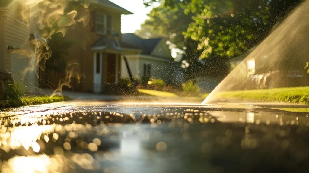 a professional pressure washer, equipped with high-pressure equipment, rejuvenates a faded driveway and house siding in a modern residential neighborhood, showcasing the transformative power of exterior cleaning services.