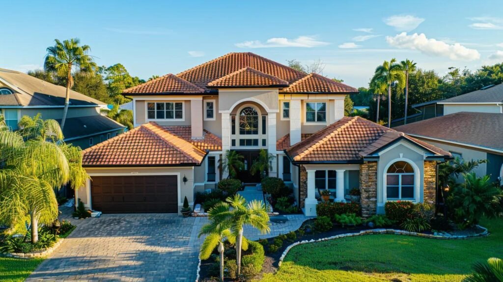 a professional pressure washing service is showcased in an urban orlando setting, featuring a pristine residential house with gleaming surfaces, as technicians skillfully operate specialized equipment, highlighting the transformation of stained driveways and roofs against a modern neighborhood backdrop.