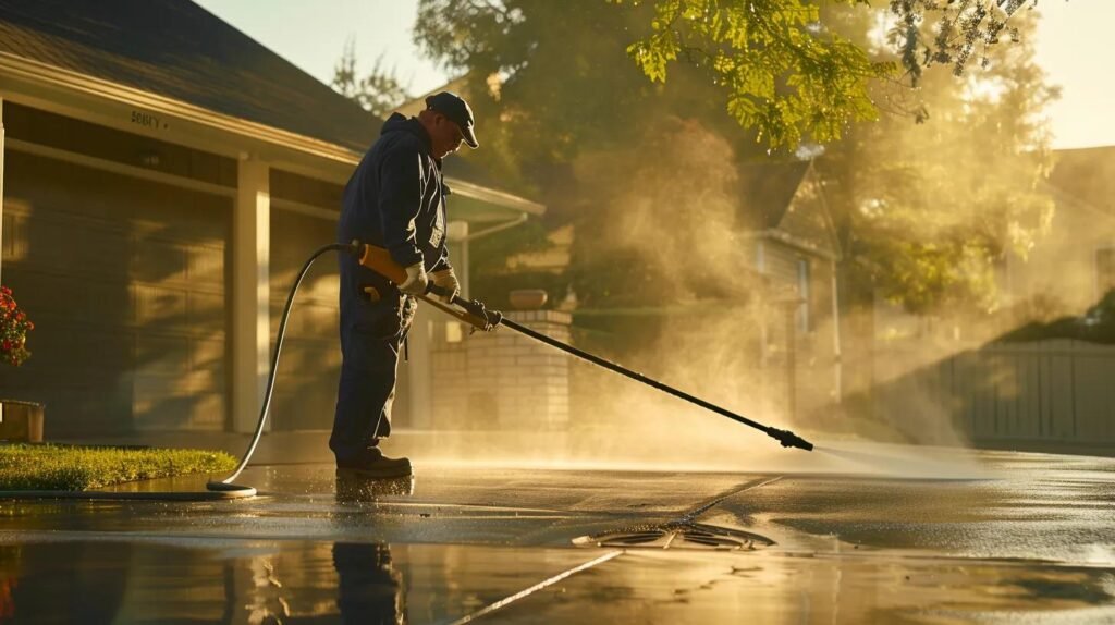 a professional technician in a crisp uniform meticulously operates a high-pressure cleaning machine on a residential home's exterior, emphasizing safety and precision in a modern suburban driveway setting.