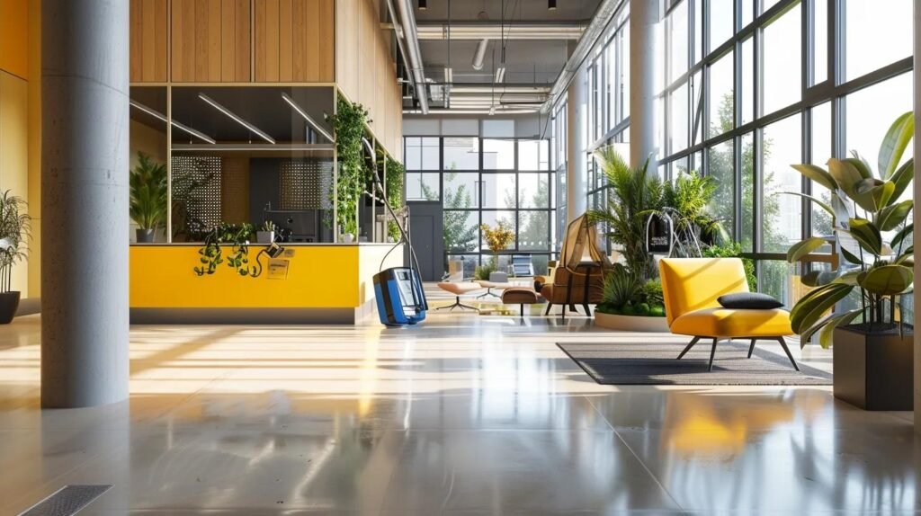 a sleek, modern office environment showcases a professional pressure washing setup, featuring eco-friendly equipment and vibrant surfaces being rejuvenated with biodegradable agents, highlighting the balance between sustainability and financial investment in property maintenance.