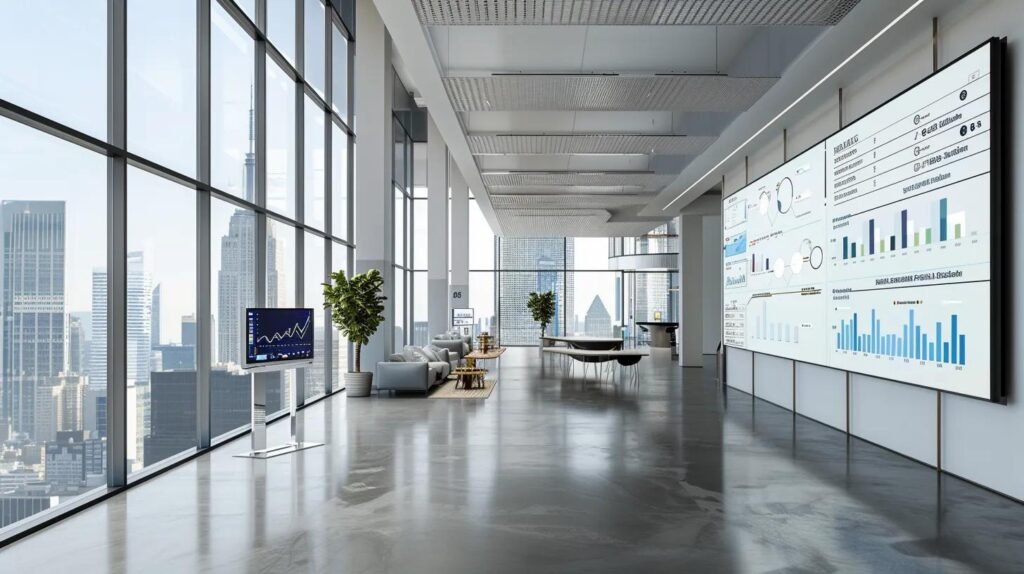 a sleek modern office interior features a large digital display showcasing vibrant infographics that illustrate the advantages and processes of residential pressure washing services, emphasizing efficiency, eco-friendly solutions, and cost comparisons.