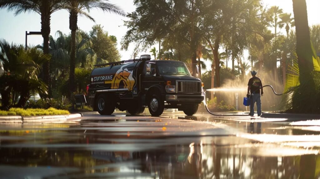 a sleek, modern orlando pressure washing truck, emblazoned with eco-friendly branding, stands ready in a bustling urban driveway, surrounded by freshly cleaned surfaces reflecting vibrant sunlight, showcasing the transformation of a stained patio and driveway free from harsh chemicals.