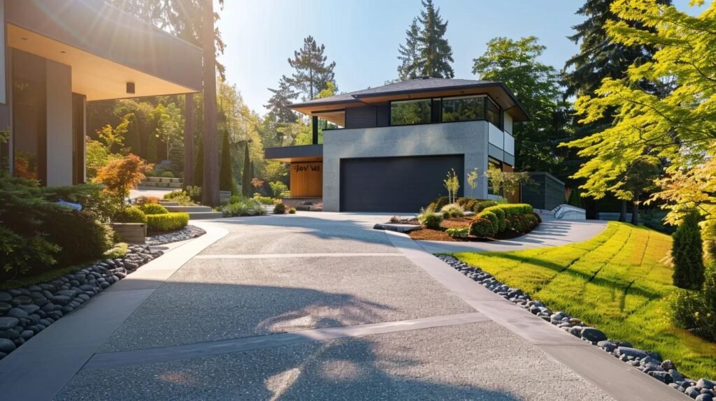 a sparkling, freshly pressure-cleaned driveway gleams under the bright sun, showcasing its pristine surface and enhancing the modern home's curb appeal with vivid textures and a clean aesthetic.