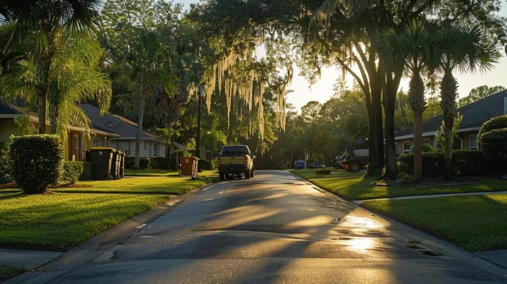 a vibrant, urban driveway scene in orlando depicts a skilled technician operating advanced pressure cleaning equipment, showcasing the meticulous process of eco-friendly driveway maintenance amidst a clean and orderly residential setting.