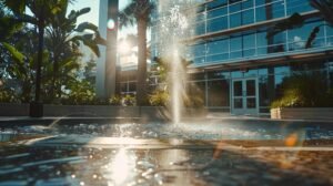 a vibrant urban scene showcases a professional pressure washing team energetically revitalizing the façade of a commercial building in orlando, with gleaming water jets creating a dynamic contrast against the sunlit structure.