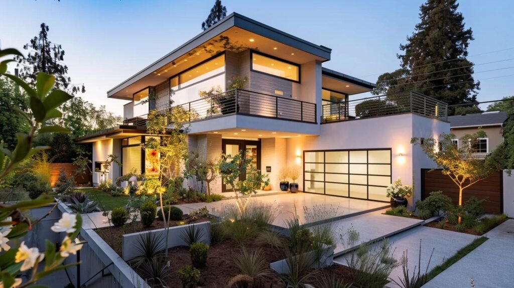 a pristine exterior of a modern home with sparkling clean surfaces, showcasing a professional-grade pressure washing service in action, surrounded by a tidy urban neighborhood that highlights increased property value.