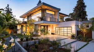 a pristine exterior of a modern home with sparkling clean surfaces, showcasing a professional-grade pressure washing service in action, surrounded by a tidy urban neighborhood that highlights increased property value.