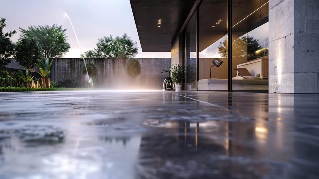 a sleek, modern driveway features a professional-grade pressure washing service in action, showcasing gleaming concrete surfaces being meticulously cleaned by a technician with high-end equipment, all set against an upscale urban backdrop.