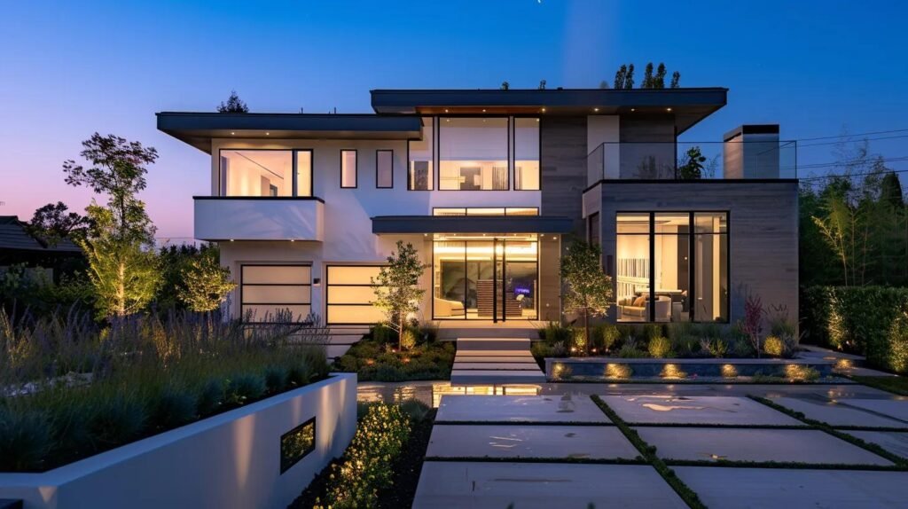 a sleek, modern home exterior gleams under soft artificial lighting, showcasing the results of eco-friendly pressure washing with glistening surfaces and a pristine, inviting facade that highlights the property’s appeal to environmentally conscious buyers.