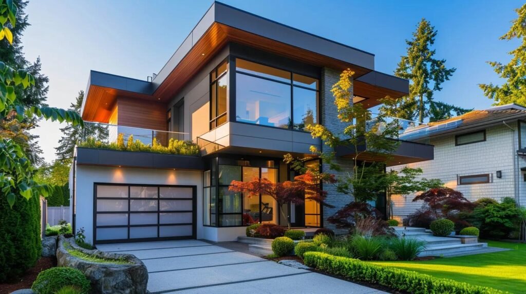 a sleek, modern home exterior gleams after a professional pressure washing, showcasing vibrant details and a pristine surface that highlights the value of property maintenance for prospective buyers under bright, artificial lighting.