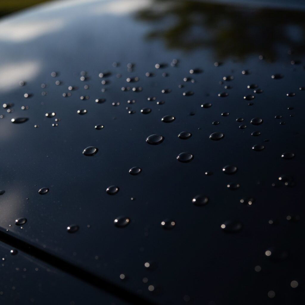 Water beading on a glossy black car hood with ceramic-style paint protection