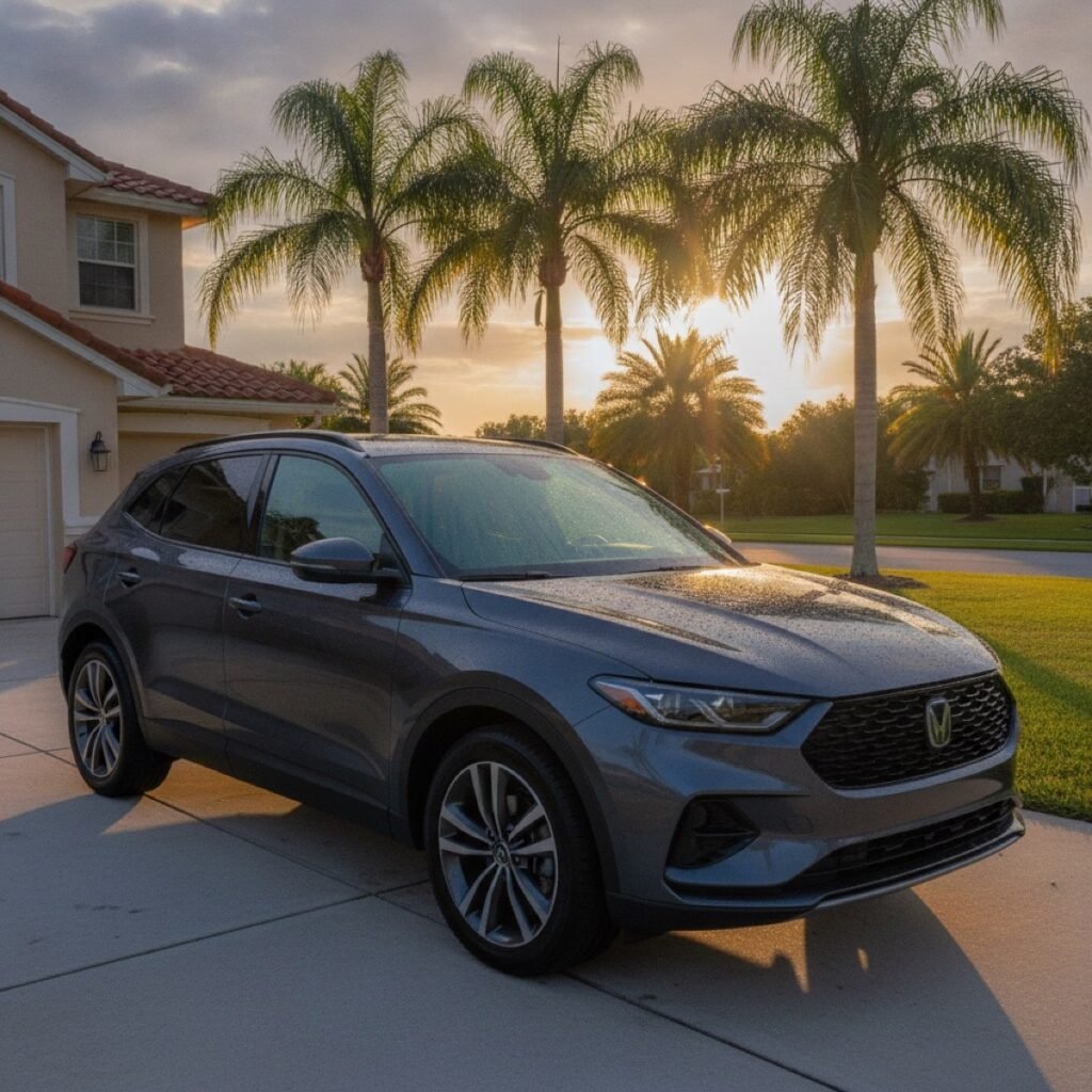 Freshly detailed dark gray SUV in a Central Florida driveway at golden hour