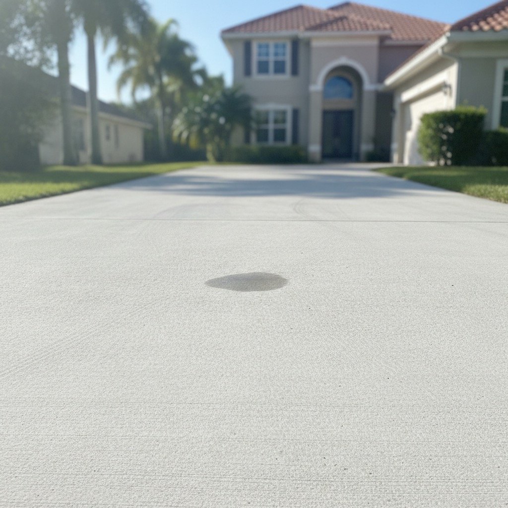 Clean concrete driveway in front of a Florida home after removing an oil stain