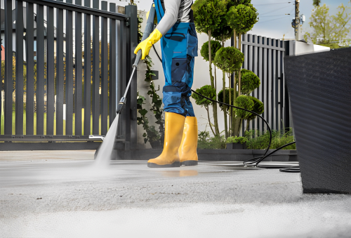 Man wearing protective boots pressure washing a concrete surface with a high-pressure hose, creating a noticeable contrast between the cleaned area and the remaining dirt, with water spraying out in all directions.